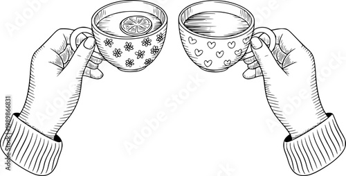 Hands holding decorative cups of hot beverages, with lemon slice, in vintage style