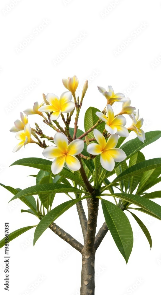 Fototapeta premium Plumeria Flowers Blooming on Tree, Tropical Frangipani Blossoms Yellow White