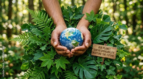 Environmental protection concept with hands holding planet earth globe, lush green foliage and forest background, sustainable future and ecology awareness