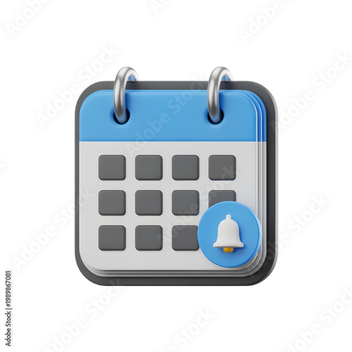 3D rendered calendar icon with notification bell isolated on transparent background