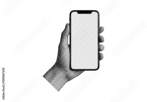 Trendy retro halftone hand holding smartphone art collage on transparent background