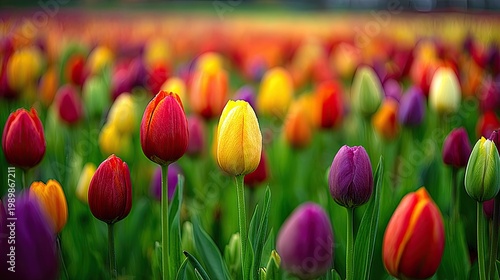 Vibrant field of multicolored spring tulips displays intense floral beauty