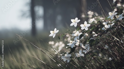 Delicate white blossoms emerge from tall grasses in a misty, soft focus outdoor setting.