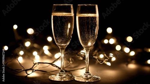 Two flutes filled with sparkling beverage stand before a backdrop of warm, diffused lights.