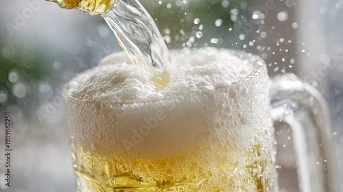 Cold, frothy liquid pours into a heavy glass mug, creating a cascade of foam and droplets.