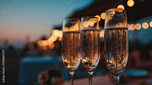 Three flutes of sparkling wine glow under ambient evening lights outdoors