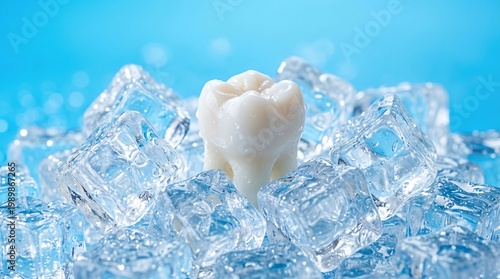 Sensitive tooth on ice cubes, dental pain concept with molar on frozen background, cold sensitivity and stomatology treatment