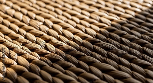 Close-up of Woven Natural Fiber Mat with Soft Sunlight and Selective Focus