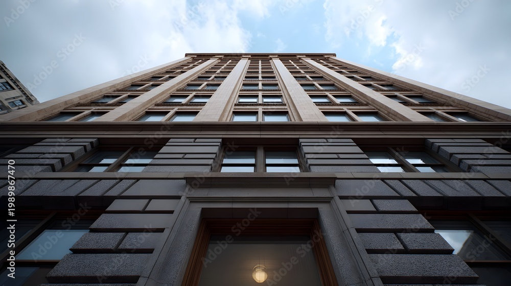 Fototapeta premium A low angle view capturing the imposing geometric facade of a large urban building structure beneath a cloudy sky