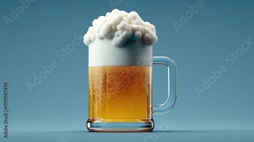 Refreshing beverage served in a clear glass mug overflowing with dense white foam against a solid blue background