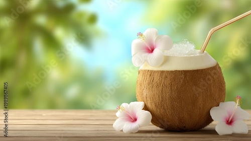 Refreshing natural beverage served in a husked fruit adorned with tropical blossoms on a wooden surface