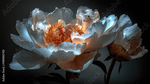 Two lush, luminous blossoms present a dramatic contrast against a dark, moody background.