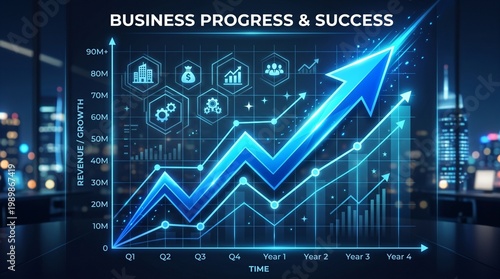 Business progress and success chart, glowing blue financial growth arrow on digital screen, revenue data visualization in modern office