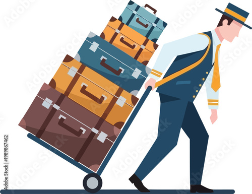 Bellhop carrying stacked luggage isolated on transparent background