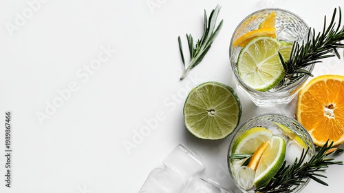 Two refreshing clear beverages garnished with citrus slices and aromatic herbs arranged on a white surface