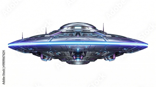 Futuristic UFO spacecraft isolated on white background, metallic alien flying saucer with glowing blue lights, sci-fi extraterrestrial transport vehicle