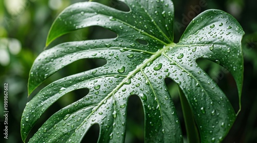 Tropical monstera deliciosa leaf with water drops, lush green swiss cheese plant foliage, exotic botanical jungle background for wellness and spa