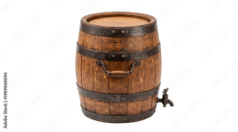 Fototapeta premium A wooden barrel with metal bands on a transparent background