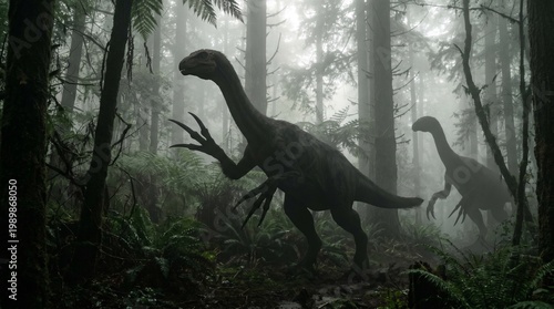Therizinosaurus cheloniformis : Two walking through a mysterious foggy forest, creating a sense of wonder and curiosity