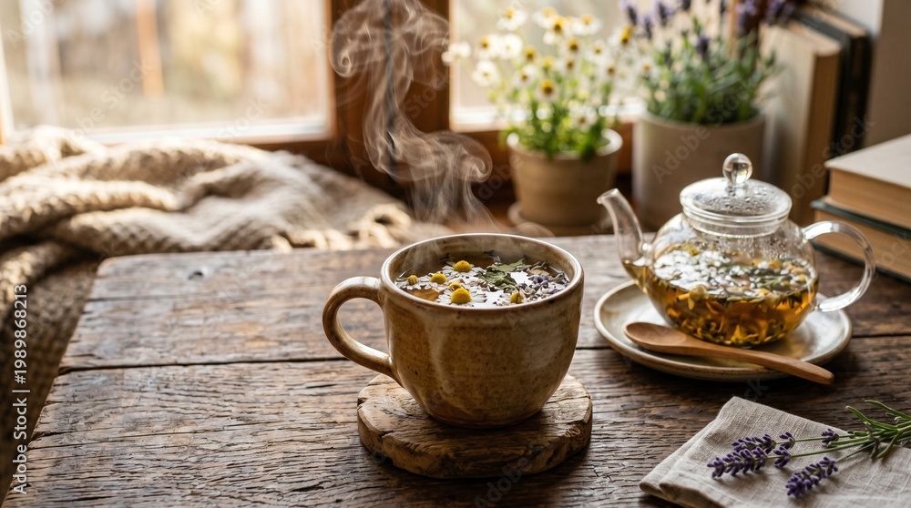 Fototapeta premium Rustic herbal tea in ceramic mug, steaming hot chamomile infusion on wooden table, cozy hygge atmosphere with glass teapot and lavender