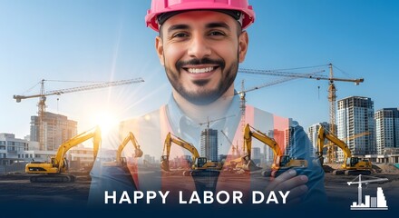 Professional Construction Worker in Hard Hat and Safety Vest Smiling at Sunset Construction Site with Cranes and Excavators – Happy Labor Day Typography and Industry Icon Design