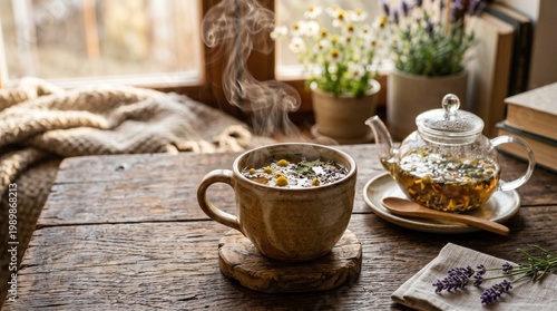Rustic herbal tea in ceramic mug, steaming hot chamomile infusion on wooden table, cozy hygge atmosphere with glass teapot and lavender
