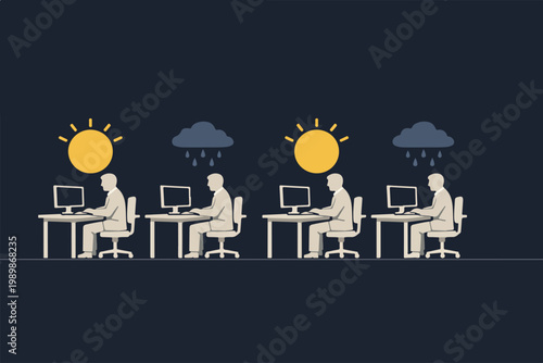 Workplace Politics Concept with Employees Under Different Weather Conditions Representing Favoritism Inequality and Organizational Culture Issues Illustration