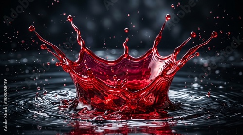 Dynamic red liquid splash crown on dark background, ruby wine droplet explosion, cinematic water ripple effect with crimson fluid motion