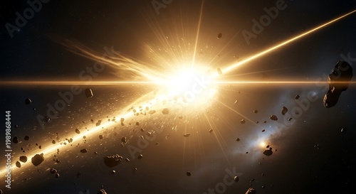 Massive Golden Explosion in Asteroid Field with Bright Starburst and Flying Rocks in Space