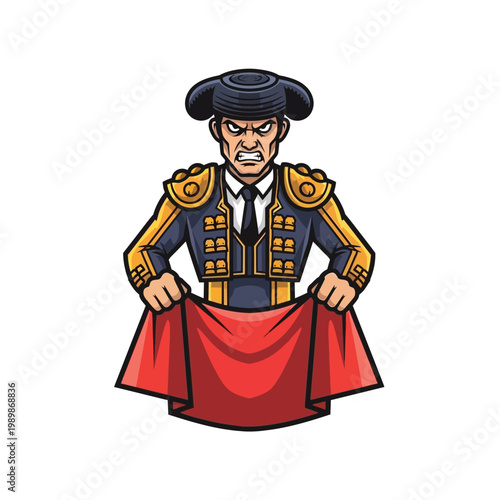 Matador with red cape ready for bullfight, traditional Spanish bullfighter costume illustration
