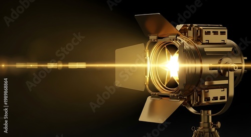 Professional Golden Cinema Spotlight with Bright Lens Flare and Star Silhouette