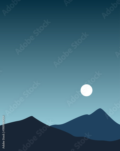 Mountains silhouette beneath a soft, twilight sky. White sun glows gently, calm and serene. Deep blues blend into gentle gradients, peaceful and quiet. Ideal for tranquil scenes, nature retreats