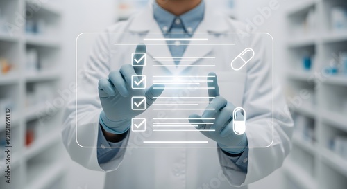 Professional pharmacist working in a pharmacy using advanced holographic interface to manage medication orders and digital patient records.