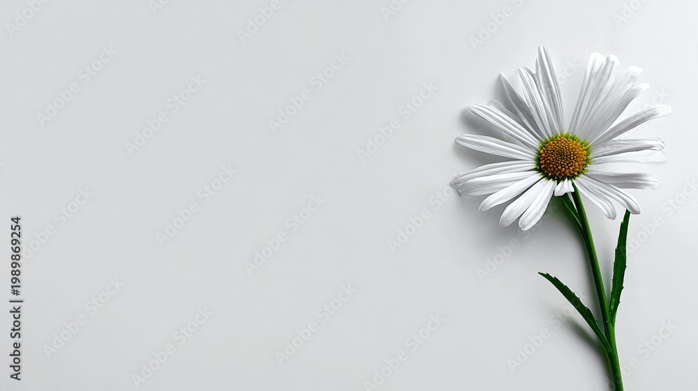 Obraz premium Single white flower with yellow center rests against a plain, light background