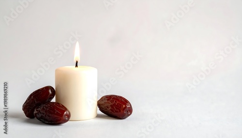Lit candle with dates on a clean white surface, soft light, simple and calm
