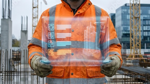 Construction site supervisor using a futuristic transparent tablet to review architectural building plans on a busy development project.