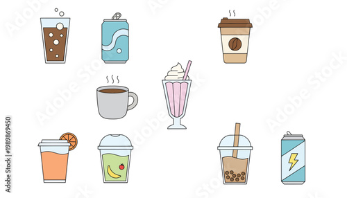 A colorful illustration of various drinks and beverages on a white background