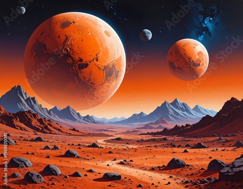 Mars-like landscape with two large planets dominating a red sky. Distant mountains. Rocky ground. Space