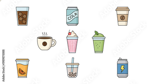 A collection of various cartoon beverage cups and cans on a white background