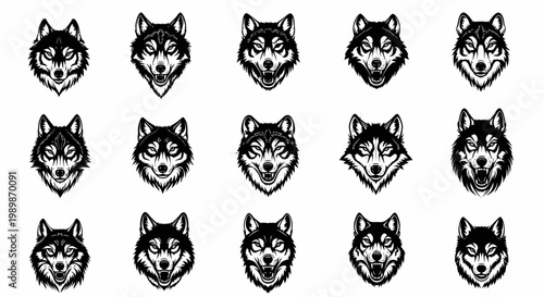 Cuadro en lienzo Collection of fierce wolf head illustrations in a stylized black and white graph