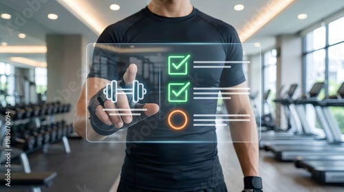 Fitness trainer wearing athletic gear using a holographic digital interface to track workout progress and exercise routines in a modern gym.