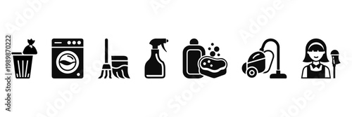 House cleaning icon set with domestic chores and sanitation tools including trash bin, washing machine, broom, spray bottle, detergent, sponge, vacuum cleaner and cleaning worker in bold silhouette.
