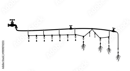 Modern drip irrigation system with water faucet and drippers watering plant roots in a clean white background illustrating efficient agriculture and gardening techniques
