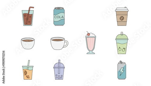 A colorful illustration of various drinks on a white background