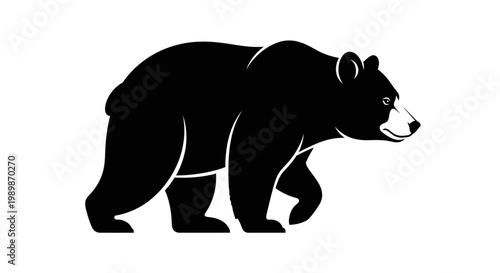 Powerful black bear silhouette walking forward with determined stride isolated on white background symbolizing strength and wild nature in a clean graphic style
