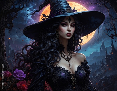 Alluring witch with wide-brimmed hat poses before a luminous moon in a fantasy landscape