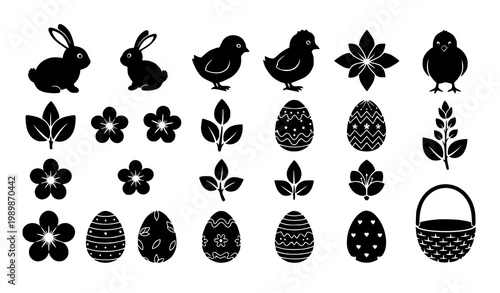 Easter wreath silhouette vector set with bunny chick eggs flowers and spring decoration in circular holiday design