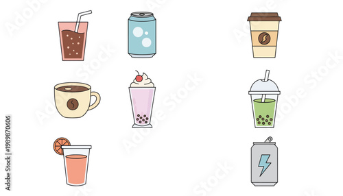 A colorful illustration of various drinks on a white background