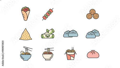 A variety of international food icons on a white background