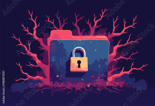 conceptual standard digital folder locked padlock, but lock is wrapped aggressive, thorny, glowing red digital vines Ransomware Attack concept High tension palette No text